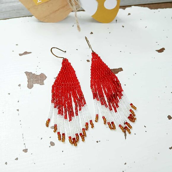 Red & White Boho Chic Fringe Cascade Dangle Earrings, Statement 4" - Picture 2 of 7